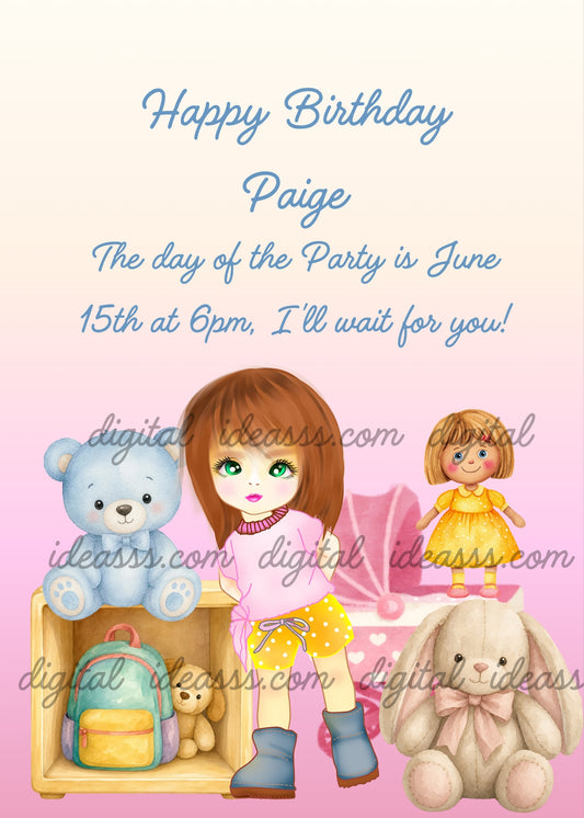 Cute brown-haired girl in a pink top and yellow shorts standing, next to a wooden shelf with a colorful backpack, a small teddy bear and a light blue teddy bear on top, a rag doll in a yellow dress, a white bunny with a pink bow and a pink pram on a soft pink gradient background — birthday card for girls aged 5 to 10
