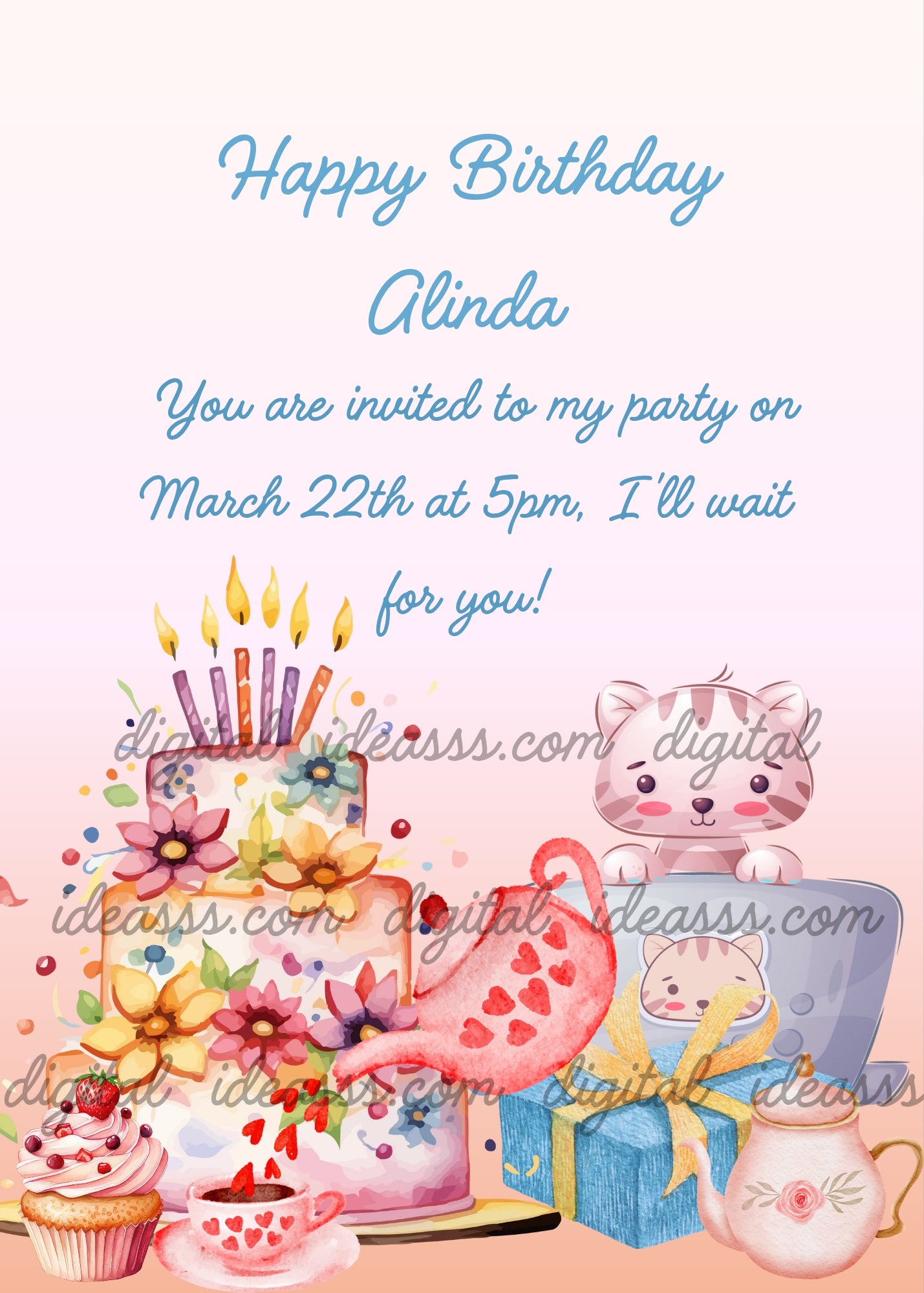 A tall colorful birthday cake with candles and flower decorations, a pink teapot with heart patterns, a small strawberry cupcake, a pink teacup with hearts, a blue gift box with a golden bow, a white ceramic teapot with rose details, and a cute tabby kitten peeking out from inside a light blue cup, on a soft pink gradient background — birthday card for children aged 6 to 12