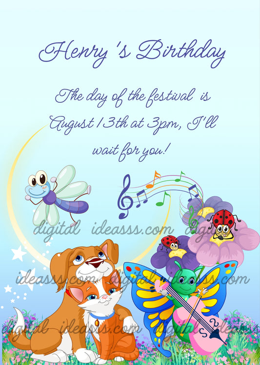  A dreamy dog, a cat, a colorful butterfly playing cello, a dragonfly, a ladybug and a grasshopper with musical notes on a soft light blue background — birthday card for children aged 5 to 12