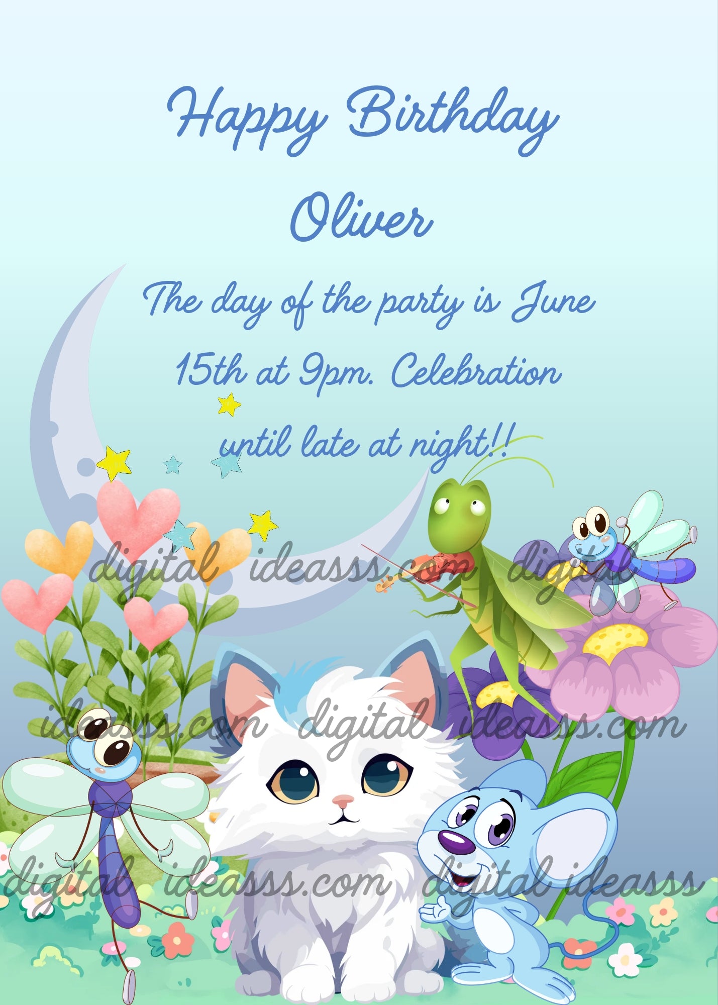 A cute white kitten with big blue eyes surrounded by a grasshopper, a blue dragonfly, a small blue mouse, colorful heart0shaped flowers and a crescent moon on a light blue background — birthday card for children aged 1 to 12

