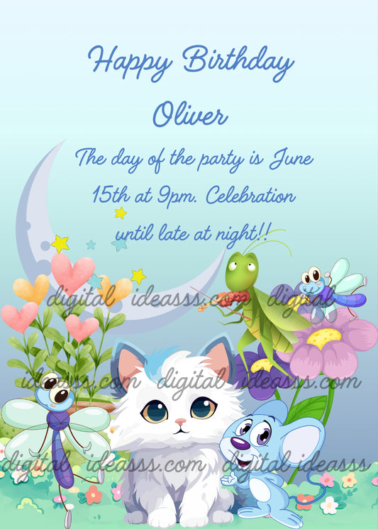 A cute white kitten with big blue eyes surrounded by a grasshopper, a blue dragonfly, a small blue mouse, colorful heart0shaped flowers and a crescent moon on a light blue background — birthday card for children aged 1 to 12

