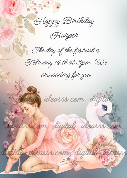  A ballerina with a brown bun tying her pink ballet shoes next to a white swan decorated with pink roses and delicate flowers on a soft grey-blue pastel background — birthday card for girls aged 10 to 14