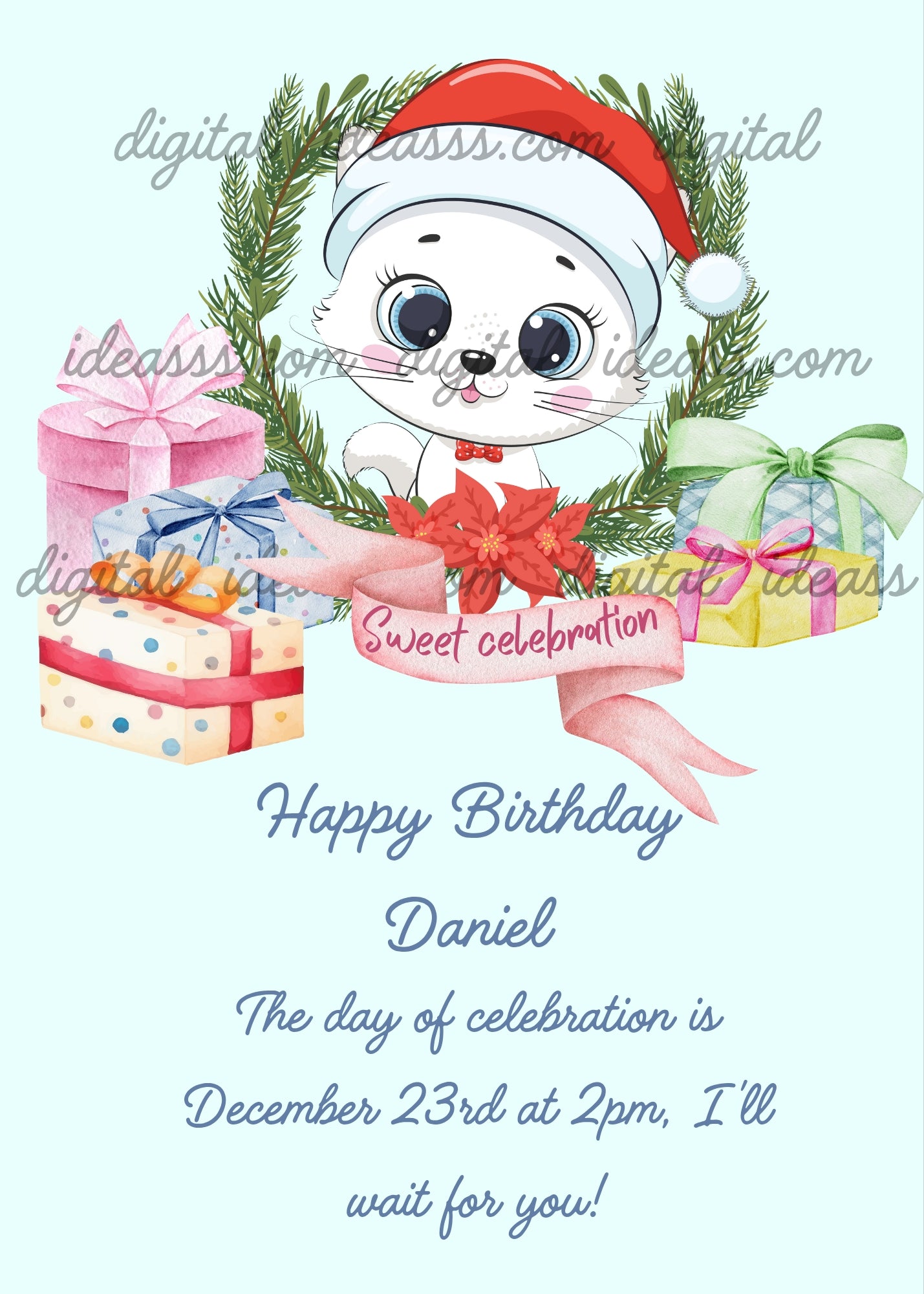 A cute white kawaii cat with big blue eyes wearing a red Santa hat with a red bow, peeking through a green Christmas wreath with red poinsettias, surrounded by colorful gift boxes with ribbons and a pink banner with 'Sweet Celebration' on a soft light blue background — birthday card for children aged 1 to 9