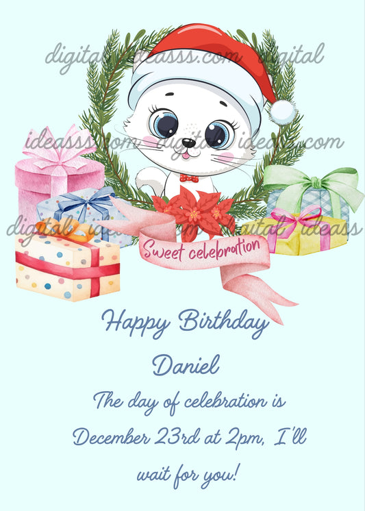 A cute white kawaii cat with big blue eyes wearing a red Santa hat with a red bow, peeking through a green Christmas wreath with red poinsettias, surrounded by colorful gift boxes with ribbons and a pink banner with 'Sweet Celebration' on a soft light blue background — birthday card for children aged 1 to 9