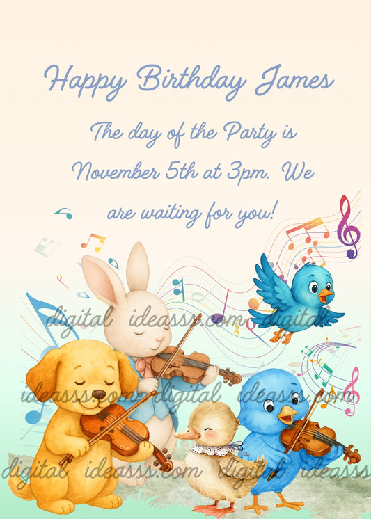 Dog, bunny, duckling and blue bird playing violin together with colorful musical notes — birthday card for children aged 1 to 7