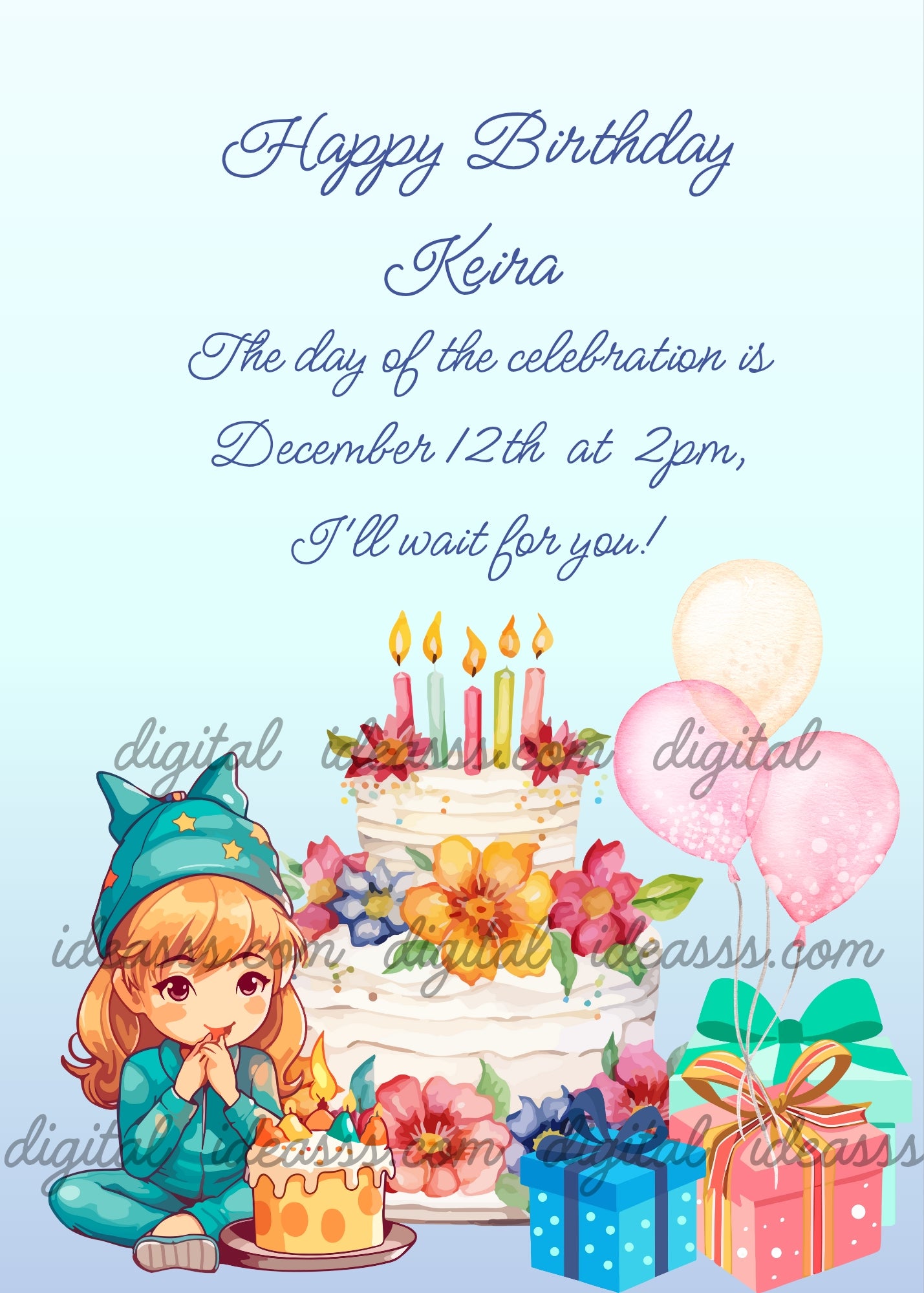 A cute anime girl with auburn hair wearing a teal star-patterned outfit and hat, sitting next to a tiered white birthday cake decorated with colorful flowers and candles, pink and cream balloons, colorful gift boxes with ribbons on a soft light blue gradient background — birthday card for girls aged 5 to 12