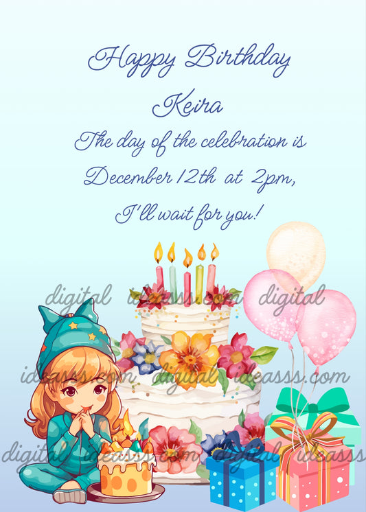 A cute anime girl with auburn hair wearing a teal star-patterned outfit and hat, sitting next to a tiered white birthday cake decorated with colorful flowers and candles, pink and cream balloons, colorful gift boxes with ribbons on a soft light blue gradient background — birthday card for girls aged 5 to 12