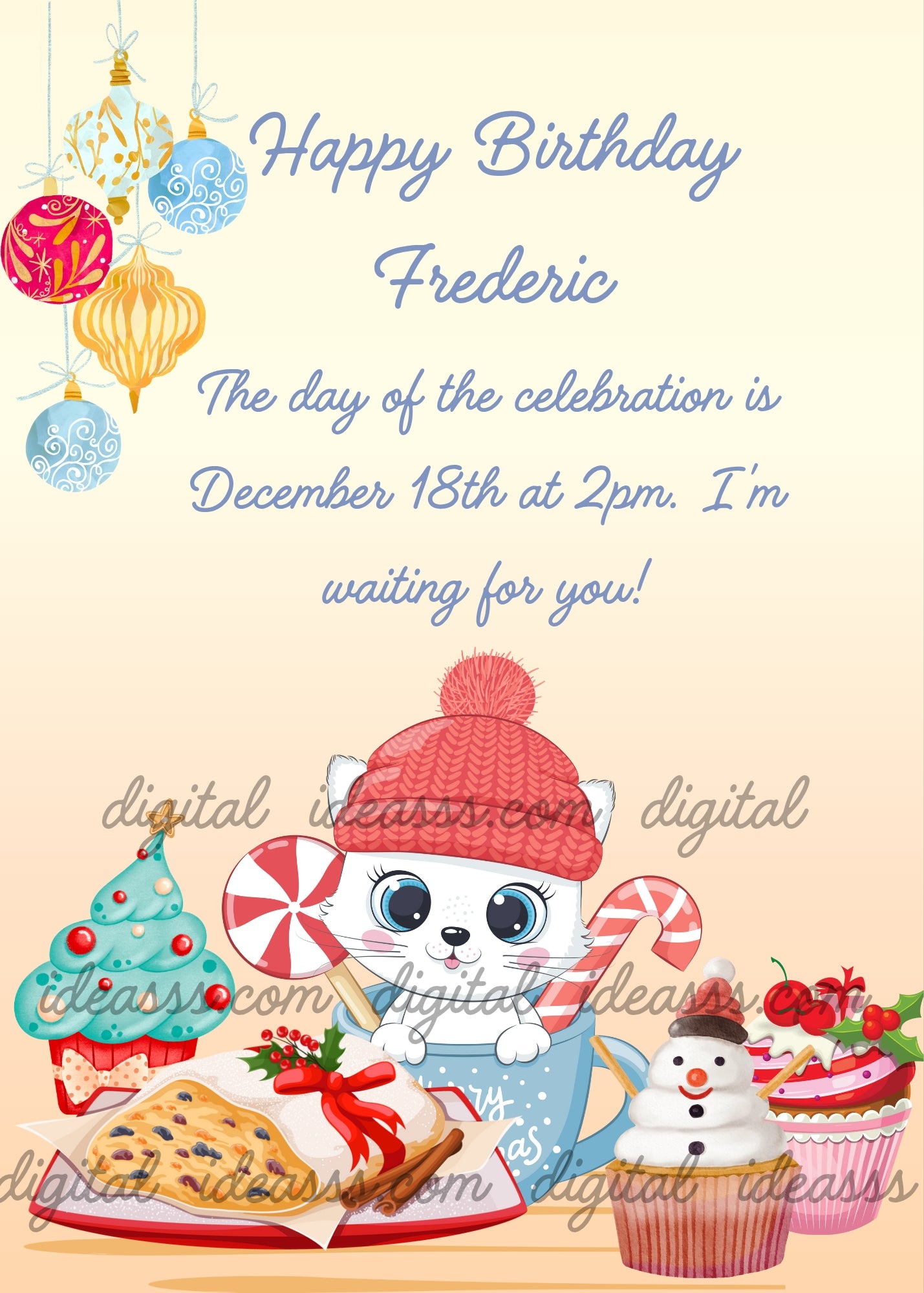 Cute white cat with red winter hat holding a candy cane, surrounded by Christmas cupcakes, a snowman cupcake, a panettone and colorful Christmas baubles on a warm cream background — birthday Christams card for children aged 1 to 9