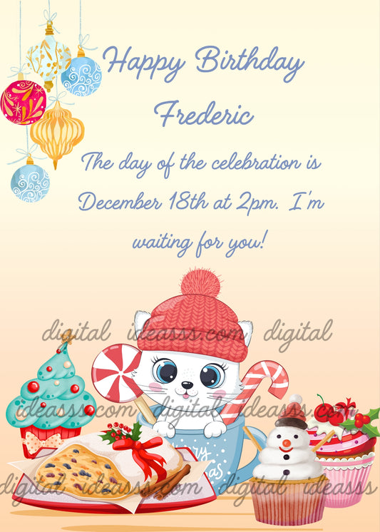 Cute white cat with red winter hat holding a candy cane, surrounded by Christmas cupcakes, a snowman cupcake, a panettone and colorful Christmas baubles on a warm cream background — birthday Christams card for children aged 1 to 9