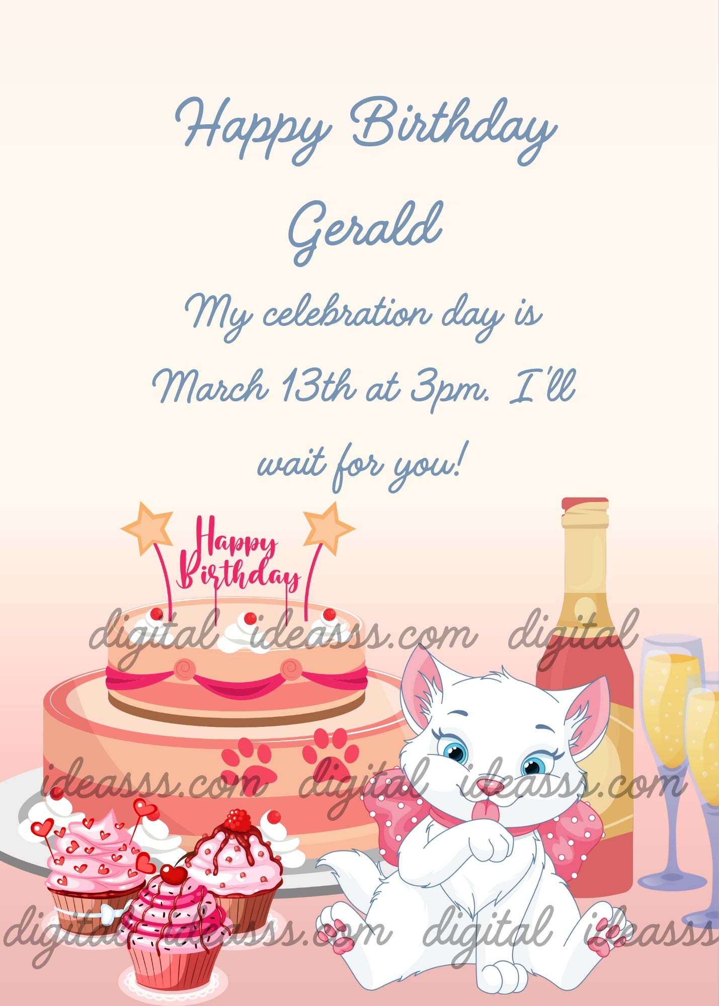  A cute white kawaii kitten with blue eyes and a pink polka dot bow sitting in front of a two-tier pink birthday cake decorated with paw prints left by the kitten, star toppers, and a Happy Birthday topper, with three pink strawberry cupcakes on the left and a champagne bottle with glasses on the right, on a soft peach-to-pink gradient background — birthday card for children aged 5 to 12