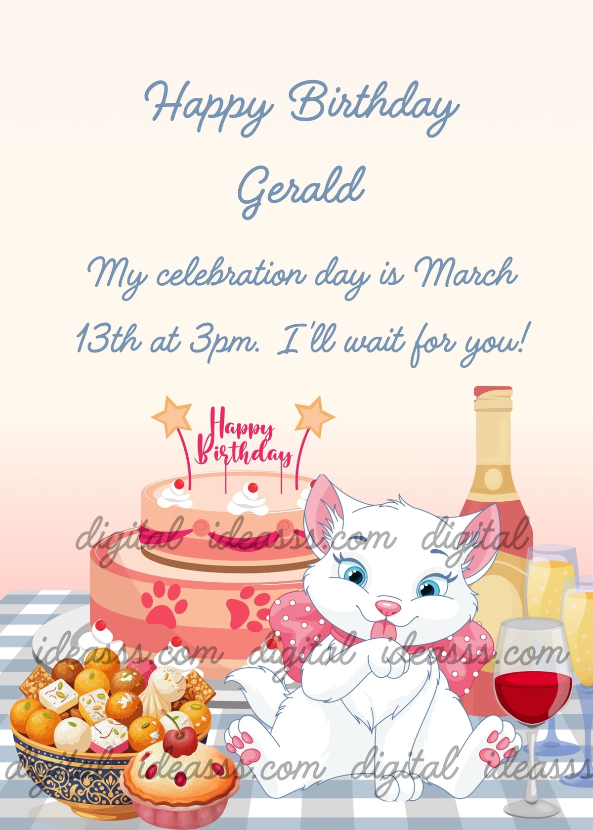 A charming white kitten wearing a large pink bow with white polka dots, licking her paw with pink paw prints on a two-tier pink birthday cake with cream and strawberry on top, next to a bottle of champagne and a glass of red wine, a bowl of colorful sweets and a cherry tart, all on a blue and white checkered tablecloth, on a soft pink to cream gradient background — birthday card for children aged 5 to 12 