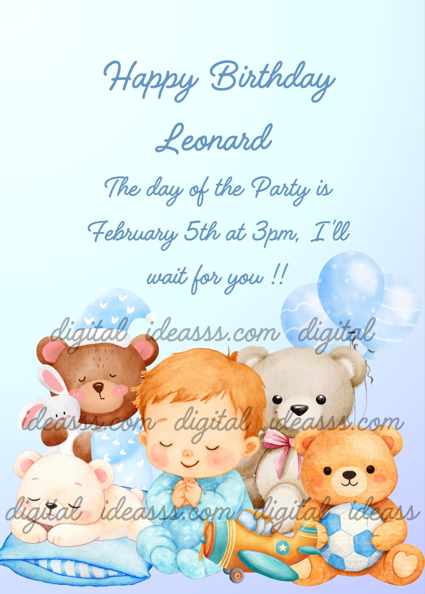 Sweet little boy in blue pajamas sleeping peacefully surrounded by teddy bears, a bunny, a toy airplane and blue balloons on a soft light blue background — birthday card for boys aged 1 to 8