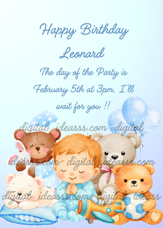 Sweet little boy in blue pajamas sleeping peacefully surrounded by teddy bears, a bunny, a toy airplane and blue balloons on a soft light blue background — birthday card for boys aged 1 to 8