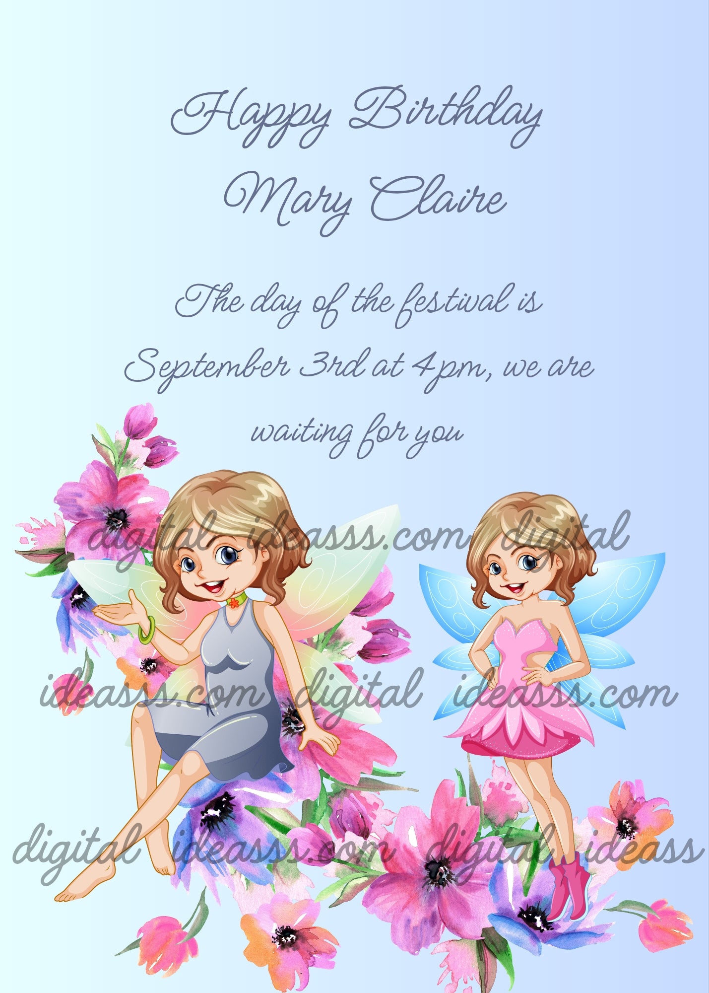  Two brown haired fairies one in grey sitting and one in pink standing among pink purple and orange anemone flowers on a soft blue background — printable birthday card for girls ages 9 to 14