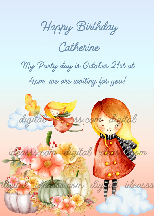 Cute girl with red hair in orange coat and a small autumn fairy among white, purple and green pumpkins filled with orange and yellow flowers and red berries on a soft blue and peach gradient background — birthday card for girls aged 9 to 14
