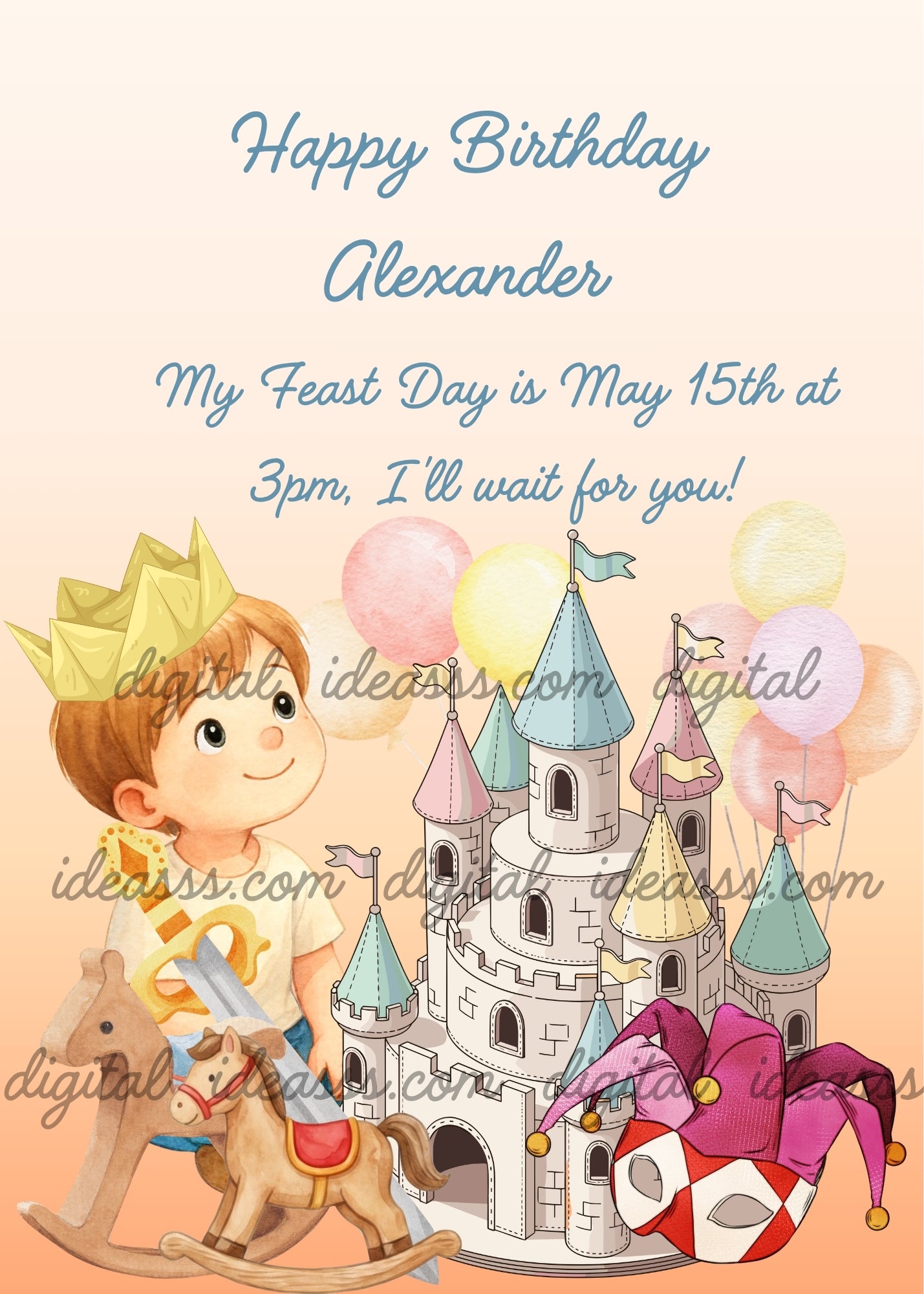 A cute brown-haired boy with a paper origami crown sitting on the floor with a toy sword on his right shoulder, next to a painted wooden toy castle with blue and pink towers, two small wooden rocking horses, pink yellow and lilac balloons, and a jester hat, on a warm peach gradient background — birthday card for boys aged 1 to 9