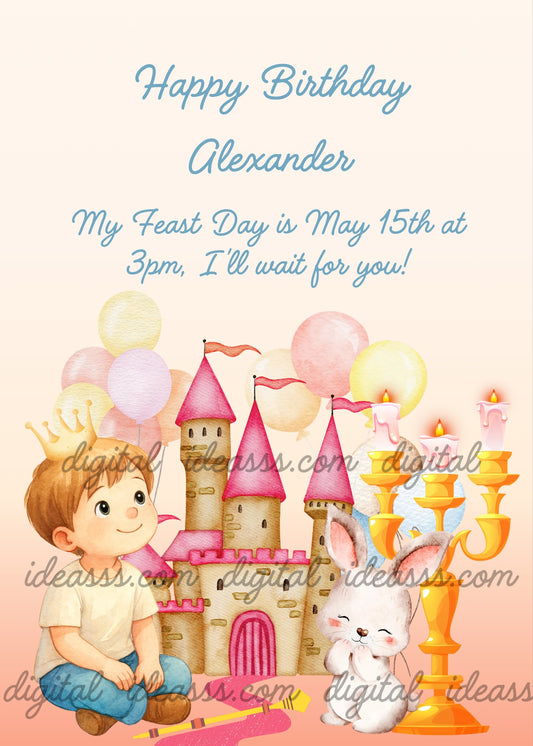 A cute kawaii brown-haired boy with a golden crown and white T-shirt sitting beside a pink castle with colorful balloons, an adorable white bunny, and a golden candelabra on a yellow and pink gradient background — printable birthday card for boys ages 1 to 9