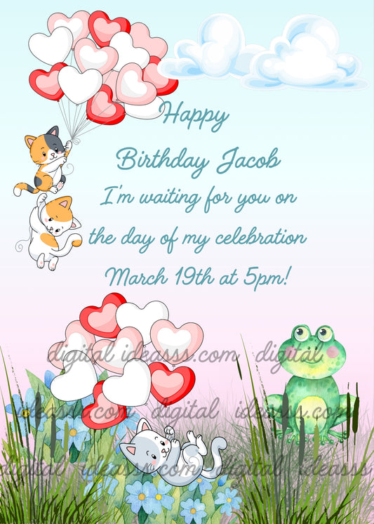 Three kittens flying with heart-shaped balloons over a pond with a green frog and blue flowers - printable birthday card for kids 1-9