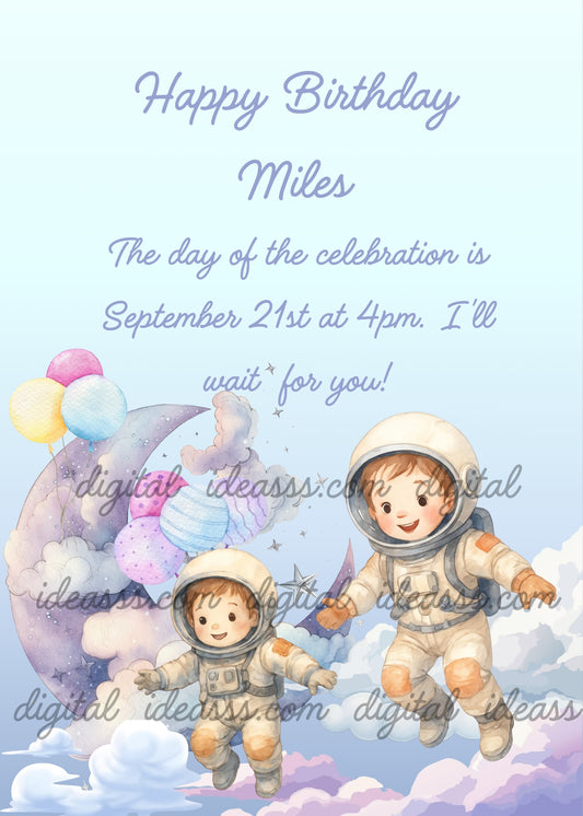 Two cute young boys in astronaut suits floating among soft white clouds near a violet moon decorated with colorful balloons in yellow, pink and light blue, with twinkling stars on a light blue sky background — birthday card for boys aged 6 to 13