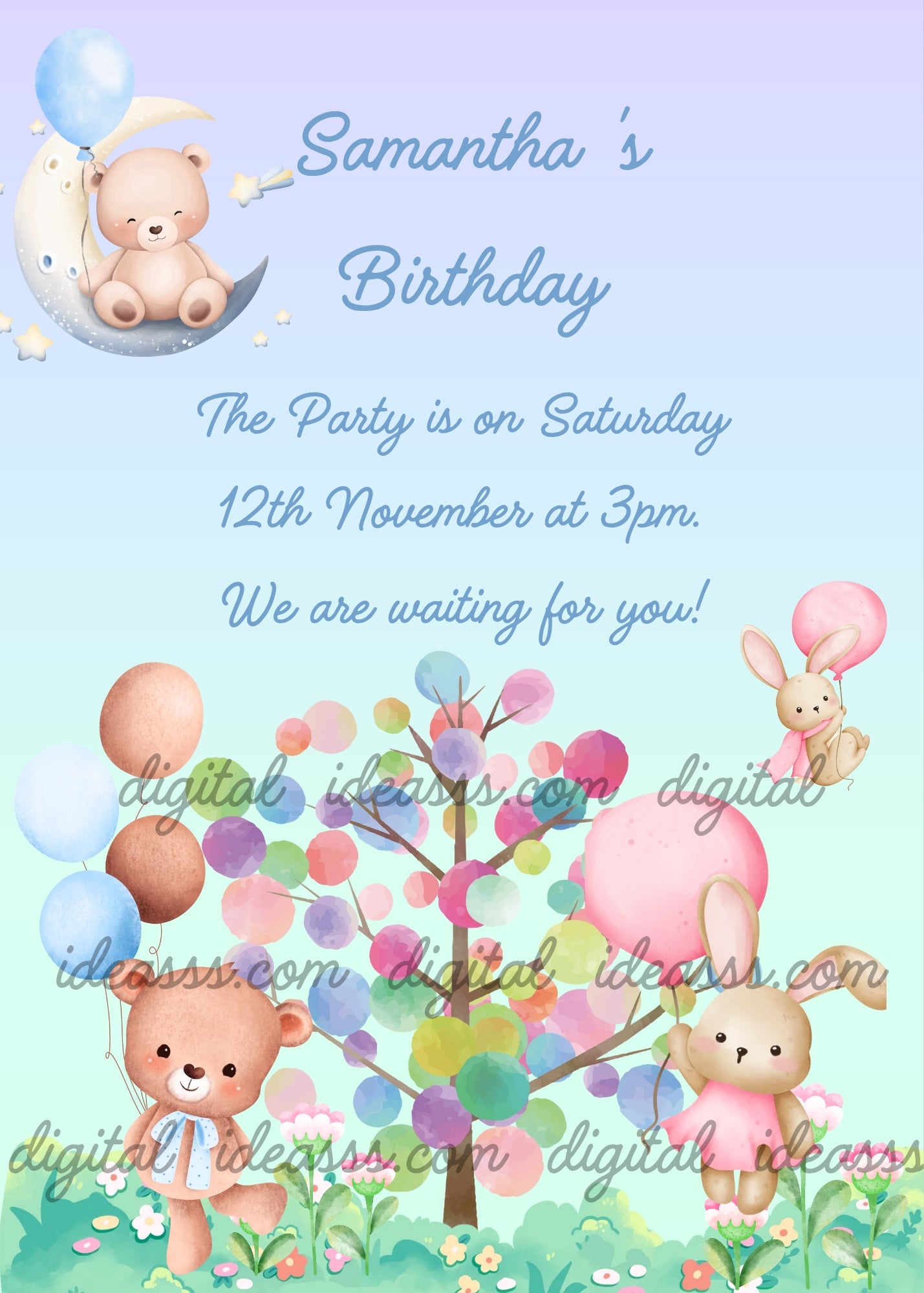 A cute teddy bear sitting on a crescent moon with a blue balloon, a magical tree made of colorful balloons in the center, a teddy bear holding balloons on the left, and a bunny in a pink dress on the right, with flowers on a soft lilac and blue gradient background — birthday card for children aged 1 to 8
