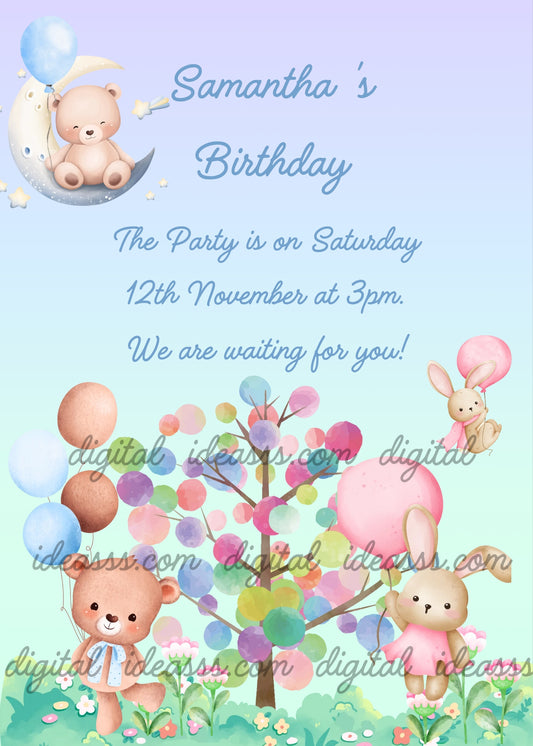 A cute teddy bear sitting on a crescent moon with a blue balloon, a magical tree made of colorful balloons in the center, a teddy bear holding balloons on the left, and a bunny in a pink dress on the right, with flowers on a soft lilac and blue gradient background — birthday card for children aged 1 to 8