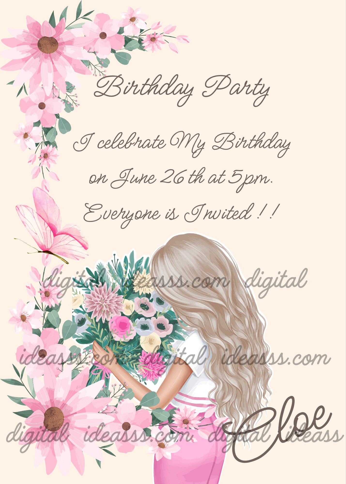 Elegant girl with long blonde hair in pink dress holding a colorful bouquet of flowers surrounded by large pink daisies and a pink butterfly on a soft cream background — birthday card for girls aged 9 to 14