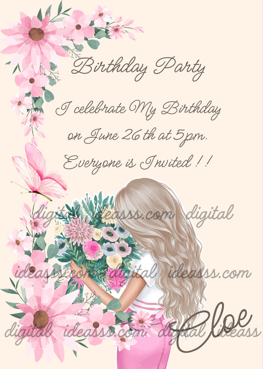 Elegant girl with long blonde hair in pink dress holding a colorful bouquet of flowers surrounded by large pink daisies and a pink butterfly on a soft cream background — birthday card for girls aged 9 to 14