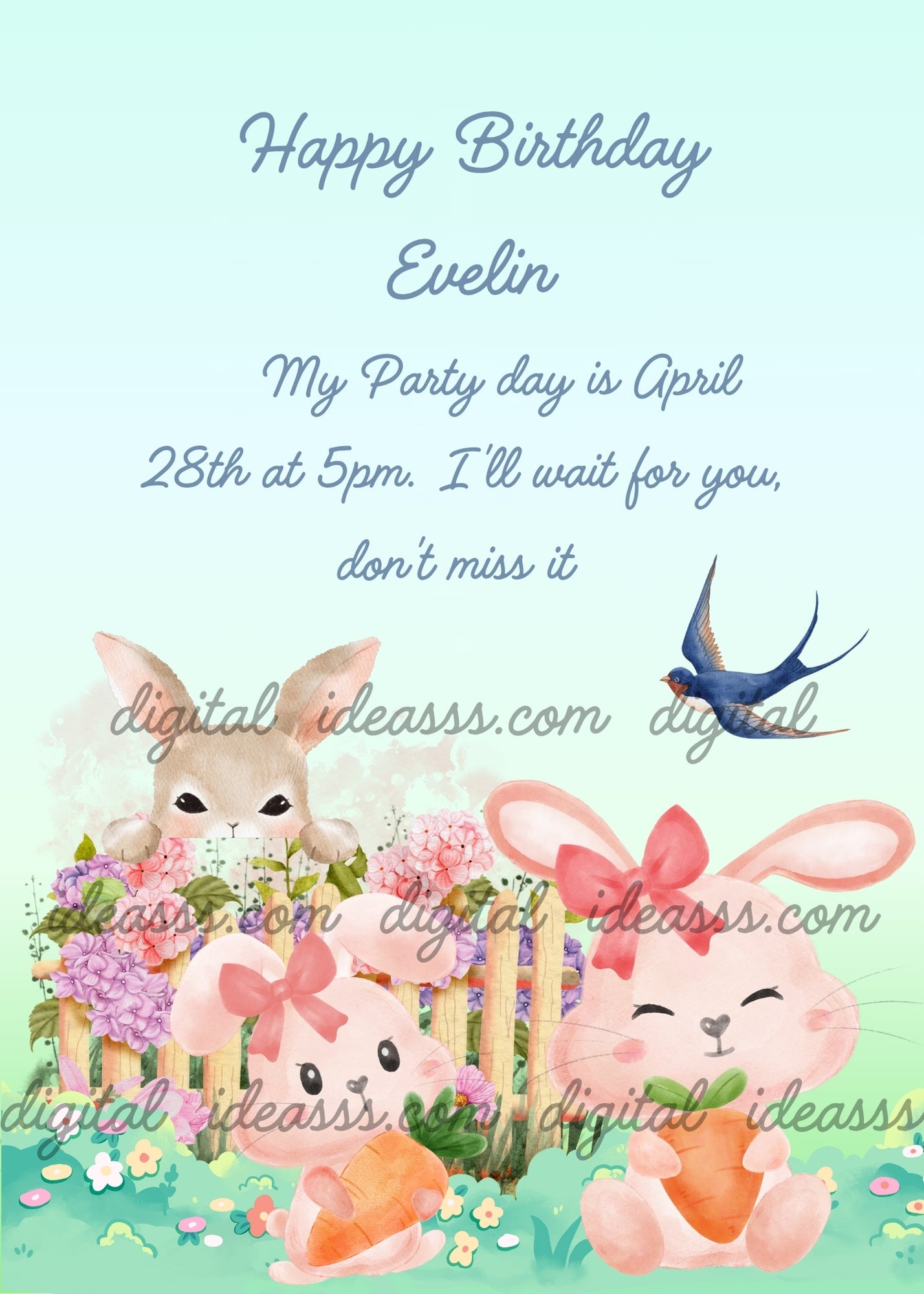 Two cute pink bunnies with red bows having a snack with carrots in a garden, a small grey bunny peeking over a wooden fence with purple hydrangeas, and a blue swallow flying above, on a soft mint green gradient background — printable birthday card for kids aged 1 to 8
