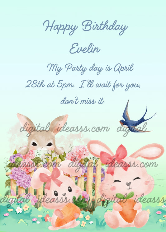 Two cute pink bunnies with red bows having a snack with carrots in a garden, a small grey bunny peeking over a wooden fence with purple hydrangeas, and a blue swallow flying above, on a soft mint green gradient background — printable birthday card for kids aged 1 to 8