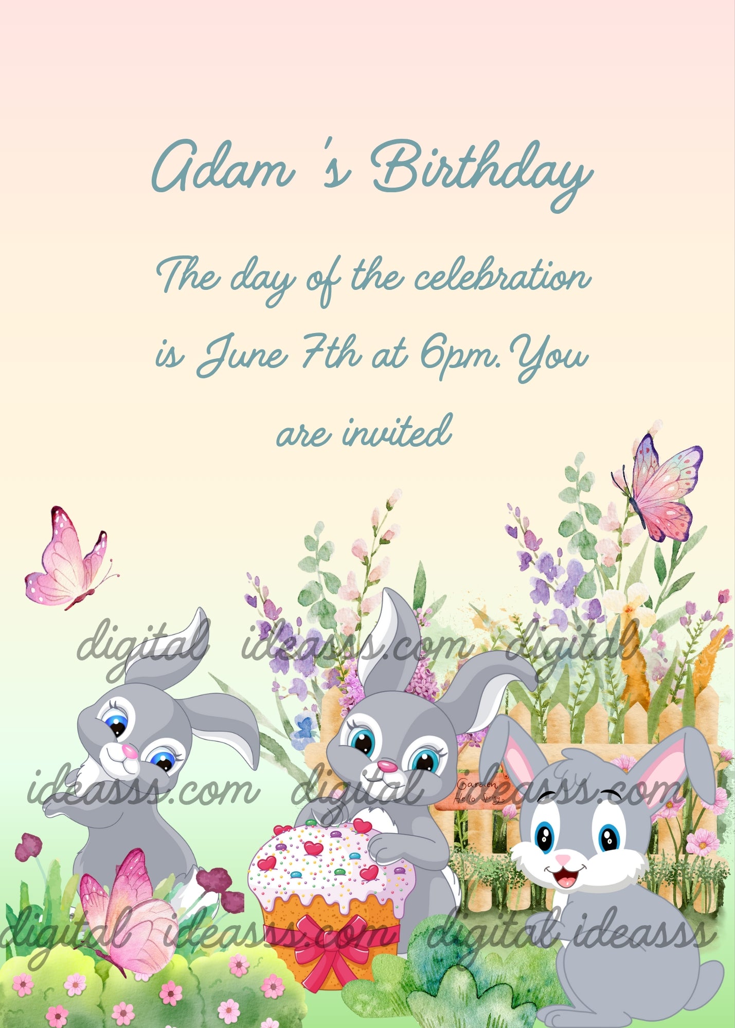 Three bunnies in a flower garden with a delicious cake - printable birthday card for kids 1-9