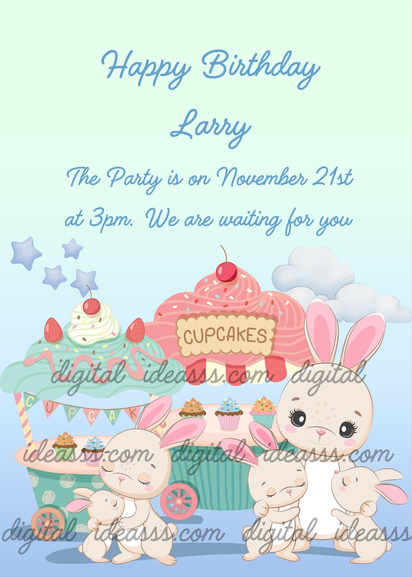 Bunnies bring their little ones, to the sweets stand - printable birthday card for kids 1-7 