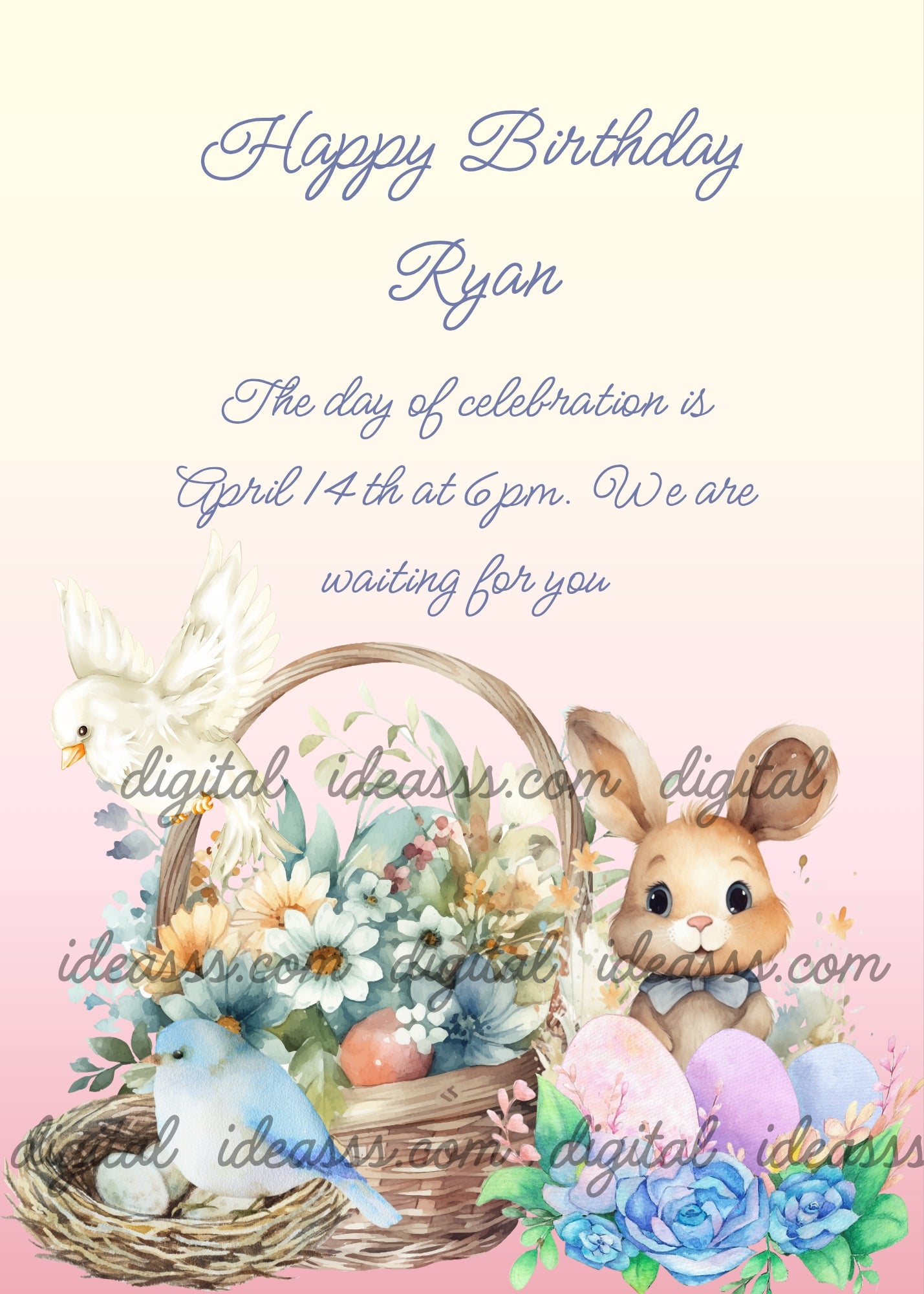  Cute brown bunny, white dove, blue chick in a nest, flower basket with Easter eggs in pastel colors on a cream and pink gradient background — birthday card for children aged 1 to 12