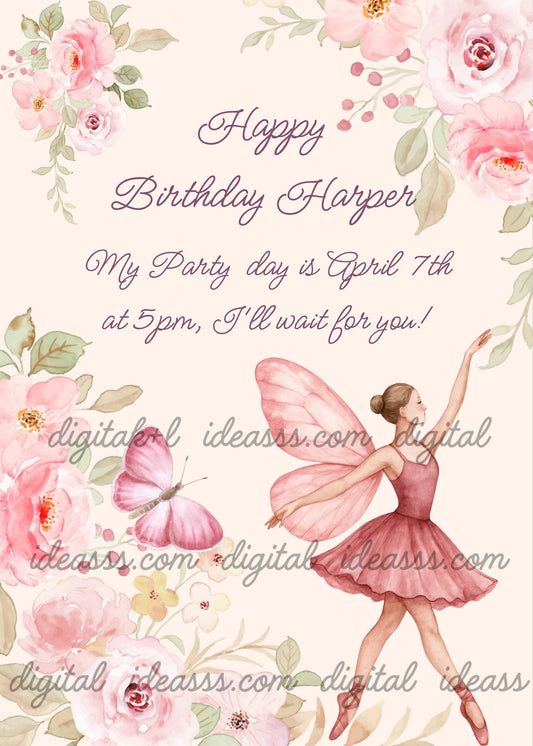 Watercolor ballerina with fairy wings and a pink butterfly among roses and flowers on a pastel pink background — birthday card for girls aged 9 to 14