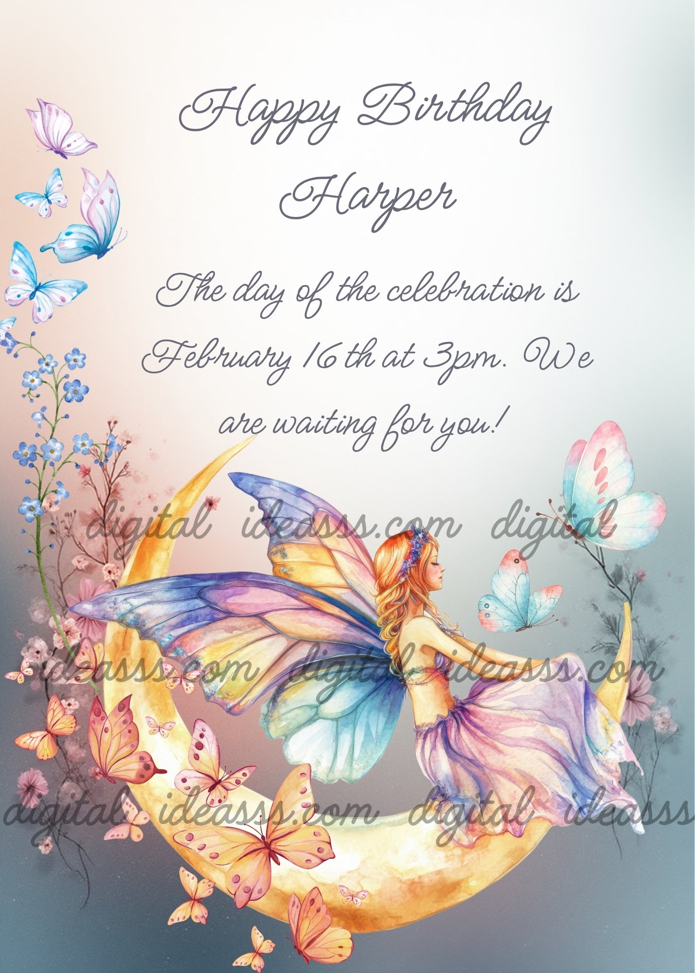  A beautiful fairy with colorful butterfly wings sitting on a golden crescent moon, surrounded by pastel butterflies and delicate pink flowers on a soft grey background — birthday card for girls aged 10 to 14