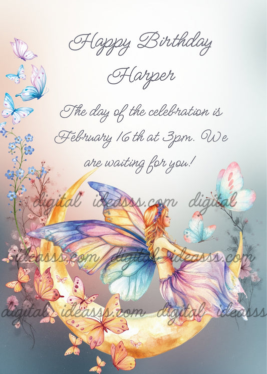  A beautiful fairy with colorful butterfly wings sitting on a golden crescent moon, surrounded by pastel butterflies and delicate pink flowers on a soft grey background — birthday card for girls aged 10 to 14