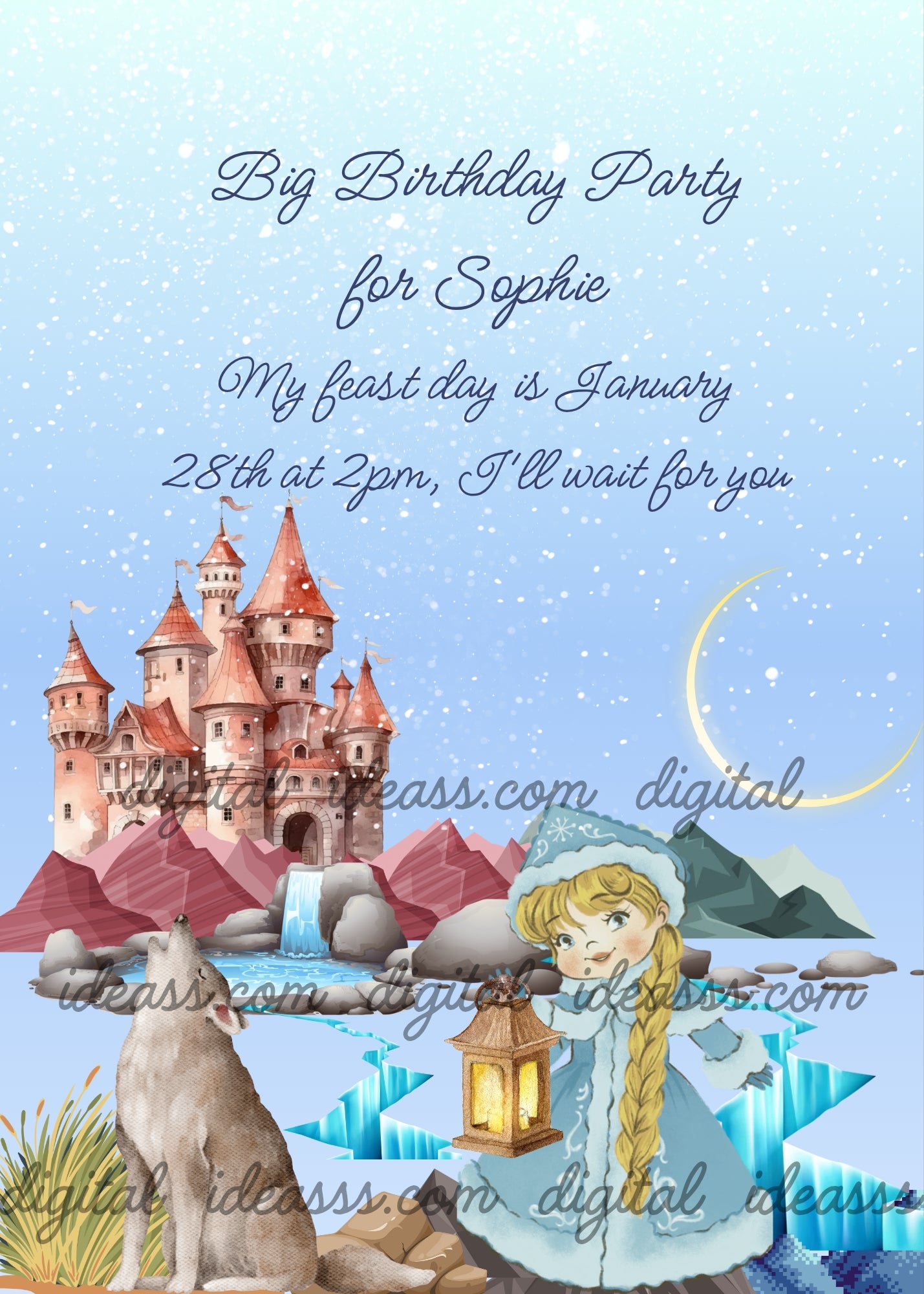 A blonde girl in a blue winter cloak holding a lantern next to a gray wolf beside a majestic castle with mountains and a frozen lake under a crescent moon on a starry blue background — printable birthday card for children ages 9 to 14