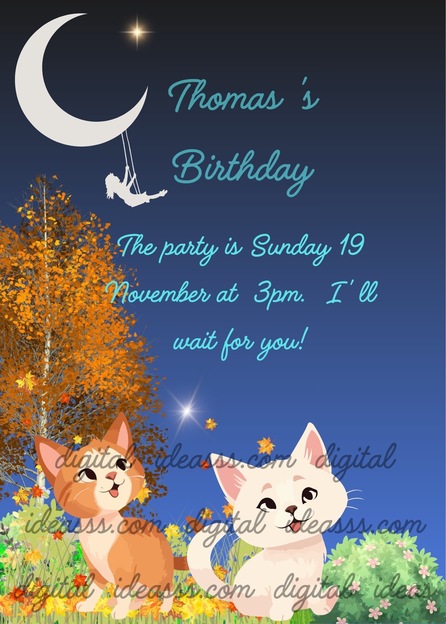 An orange cat and a white cat in an autumn garden with colorful falling leaves, a girl silhouette swinging on a swing from a crescent moon and a bright star on a deep blue night sky background — birthday card for children aged 5 to 12