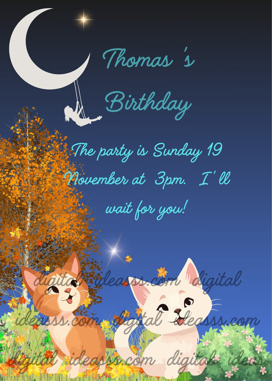 An orange cat and a white cat in an autumn garden with colorful falling leaves, a girl silhouette swinging on a swing from a crescent moon and a bright star on a deep blue night sky background — birthday card for children aged 5 to 12