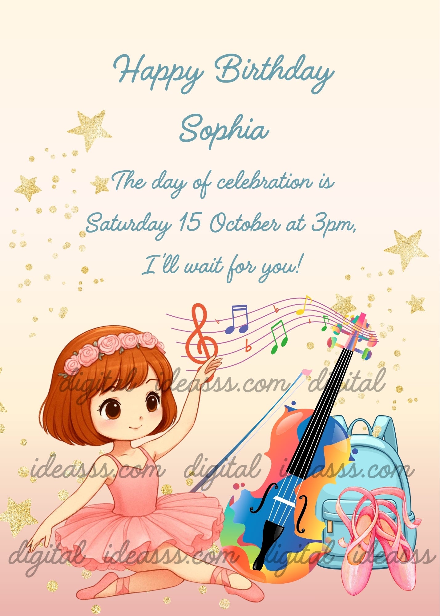 A young ballerina in a pink tutu with a pink flower crown sitting next to a colorful cello, blue backpack and pink ballet shoes with golden stars on a soft peach background — birthday card for girls aged 6 to 12