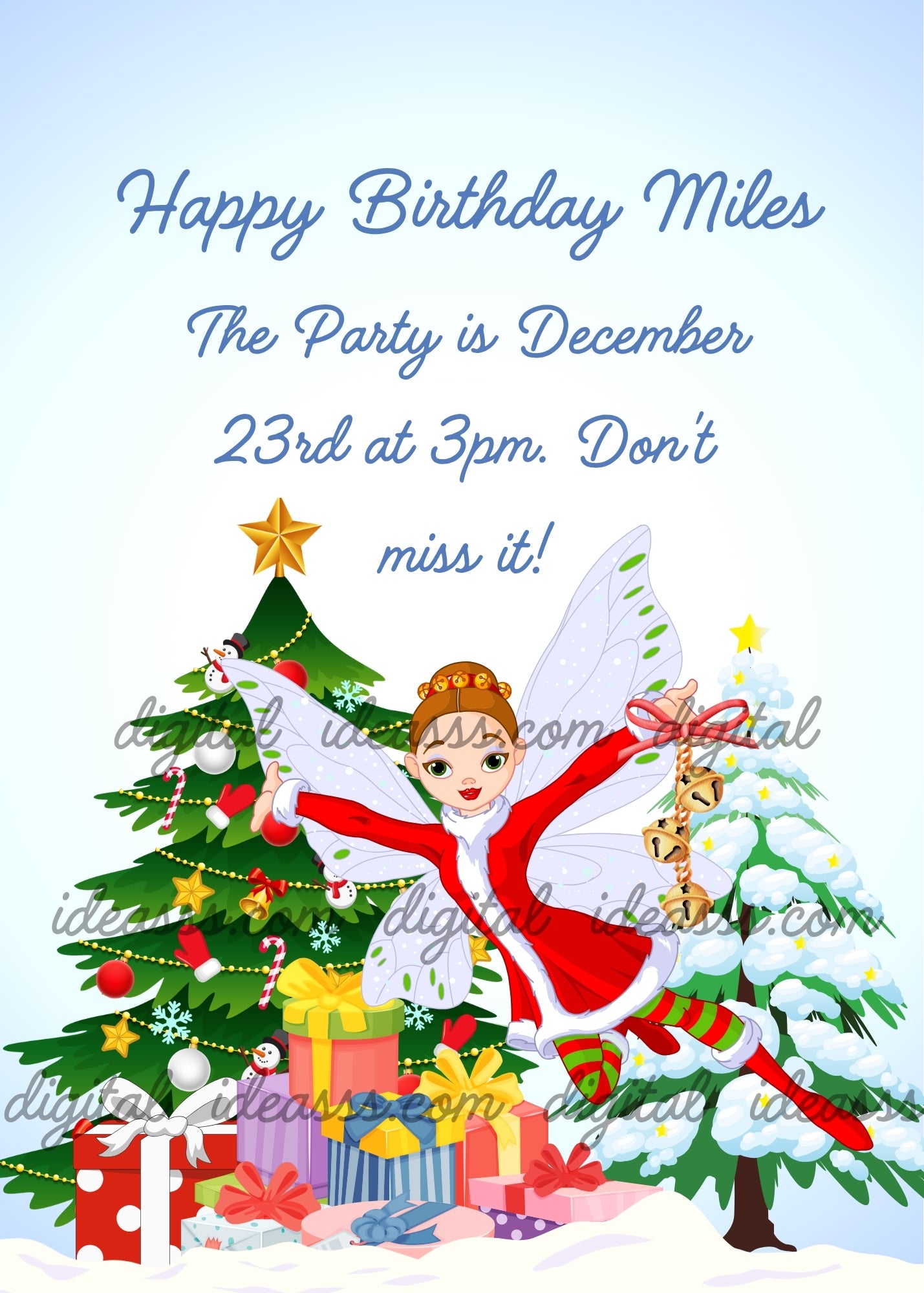 A fairy in red and white with transparent wings and flower crown holding golden bells with pink bow, a decorated Christmas tree with golden star, white balls, candy cane, snowflakes and Christmas mittens with colorful gift boxes underneath, a tall snow-covered white tree on the right and snow on the ground — birthday card for children aged 5 to 12