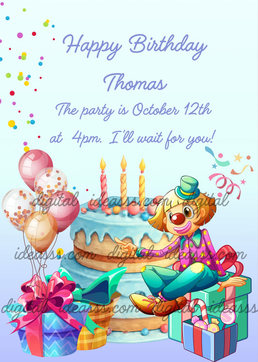  A cheerful clown with a green hat, red nose, and colorful star-patterned outfit sitting on gift boxes next to a birthday cake, with balloons, confetti, and streamers on a soft blue gradient background — birthday card for children aged 5 to 10