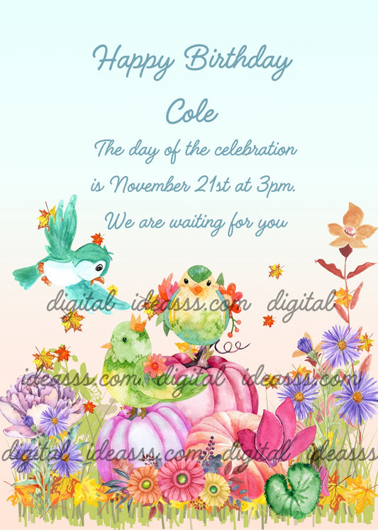 Three pink pumpkins with cute green birds, purple asters, pink cyclamens, daisies and falling autumn leaves in orange and yellow on a light blue and green background — birthday card for children aged 6 to 12