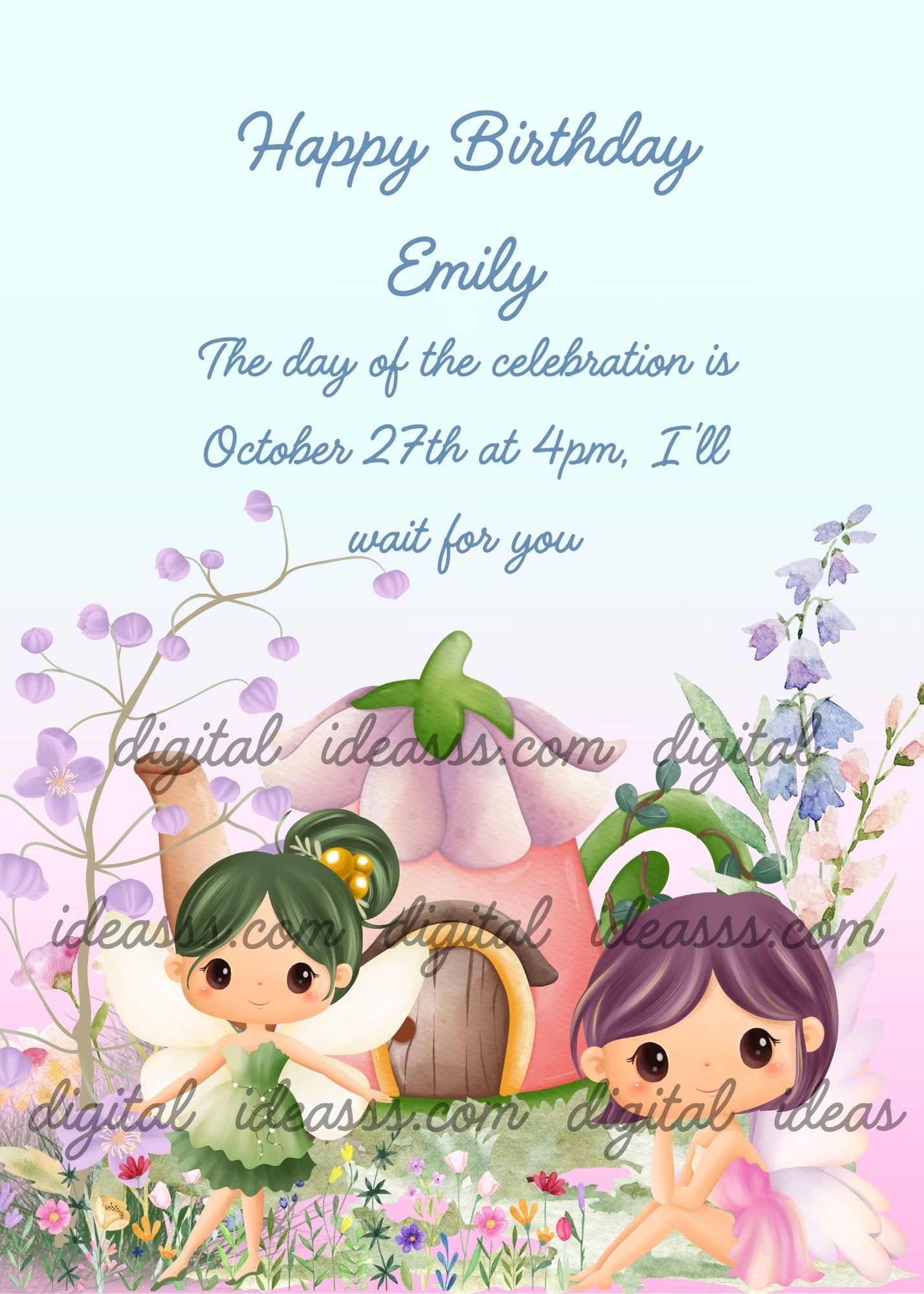 Two cute kawaii fairies with green and purple hair in front of a pink mushroom house among purple flowers blue bluebells and colorful wildflowers on a soft blue pink pastel background — printable birthday card for girls ages 5 to 10
