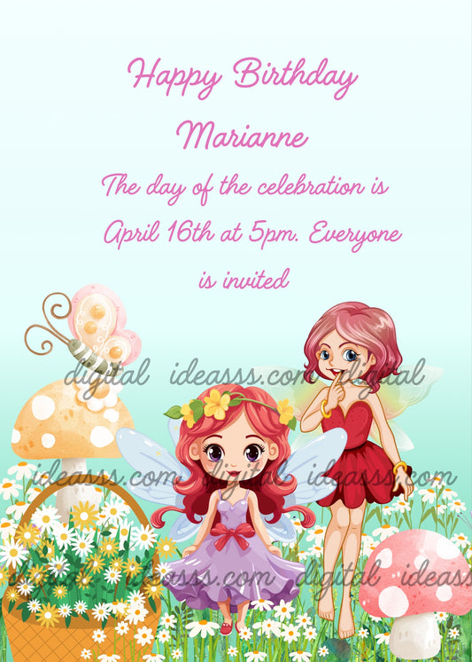 Two red haired fairies one in purple with a yellow flower crown and one in red among white daisies mushrooms and a wicker basket with a pink butterfly on a soft blue green background — printable birthday card for girls ages 8 to 14