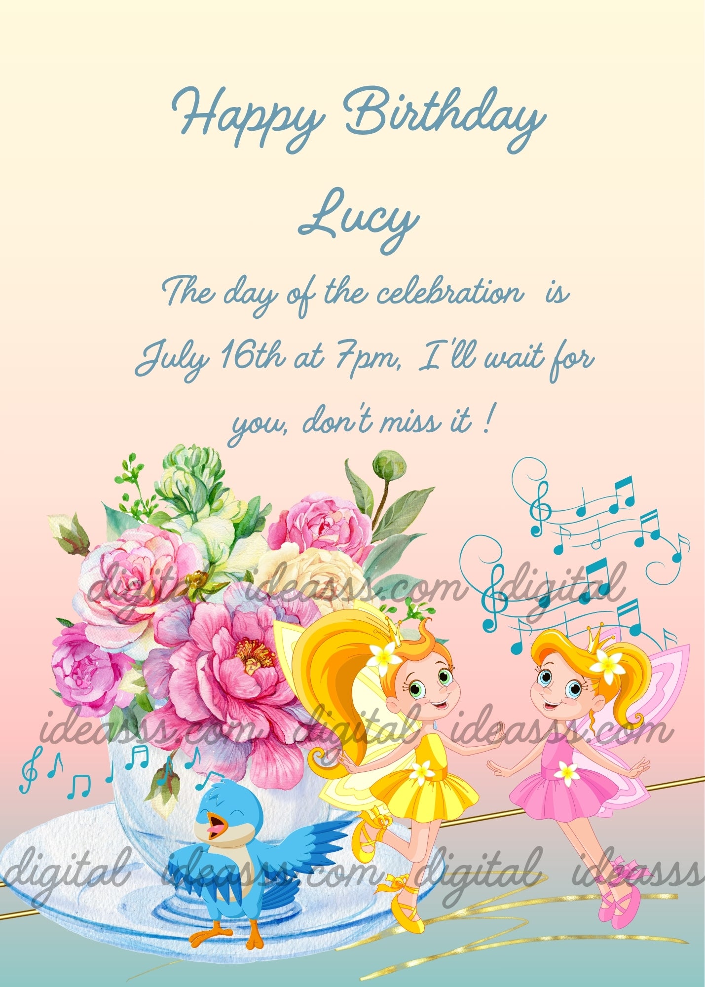 Two blonde fairies in yellow and pink dancing beside a glass bowl of pink peonies with teal music notes and a blue singing bird on a soft peach yellow background — printable birthday card for girls ages 6 to 12