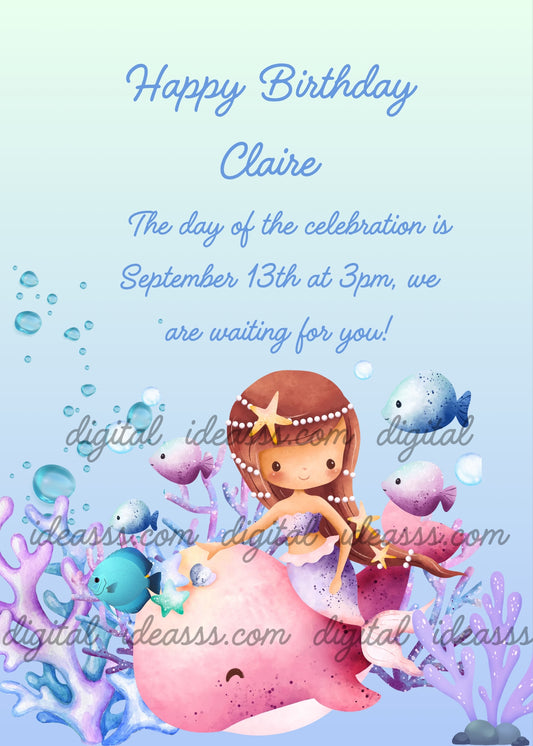 Cute baby mermaid with brown hair decorated with pearls and starfish, lilac tail, riding a pink dolphin, lilac and blue corals, small colorful fish and transparent bubbles on light blue background — birthday card for girls aged 1 to 9