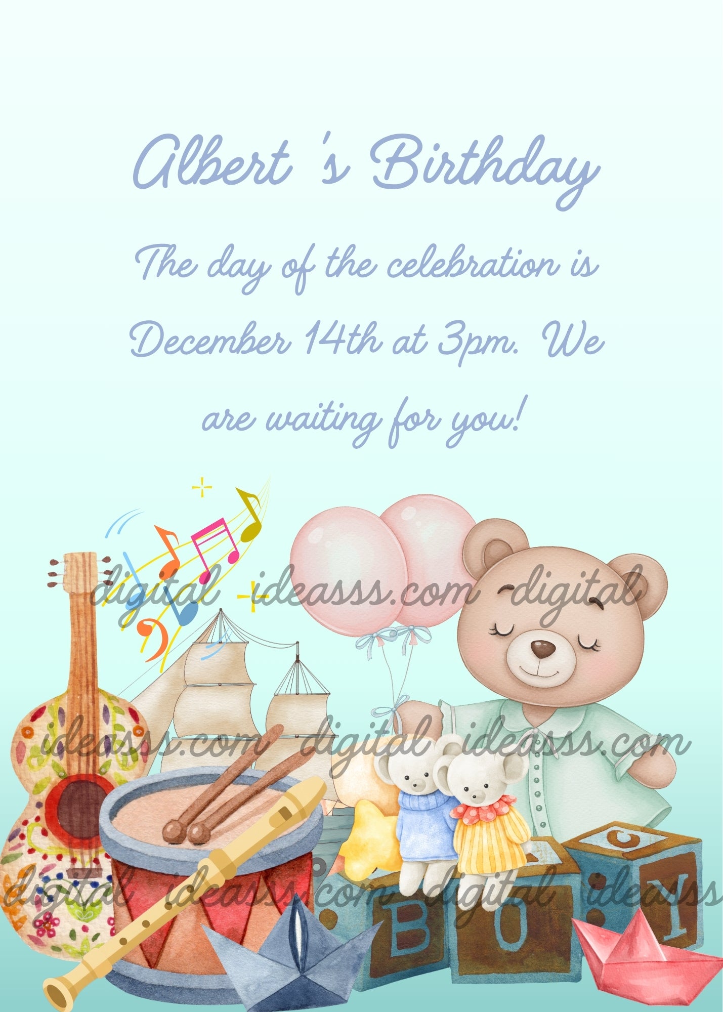 Cute teddy bear with pink balloons surrounded by musical instruments and toys including guitar, drum, flute, colorful music notes, a sailing boat, two stuffed toys, and alphabet blocks on a soft light blue background — birthday card for boys aged 1 to 8