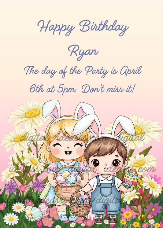 Kawaii girl in rainbow dress with bunny ears holding Easter basket with colorful eggs, kawaii boy in blue denim overalls with bunny ears holding colorful Easter egg, white daisies purple flowers and pink tulips in background, pastel Easter eggs on ground, warm yellow to pink gradient background — birthday card for children aged 1 to 12