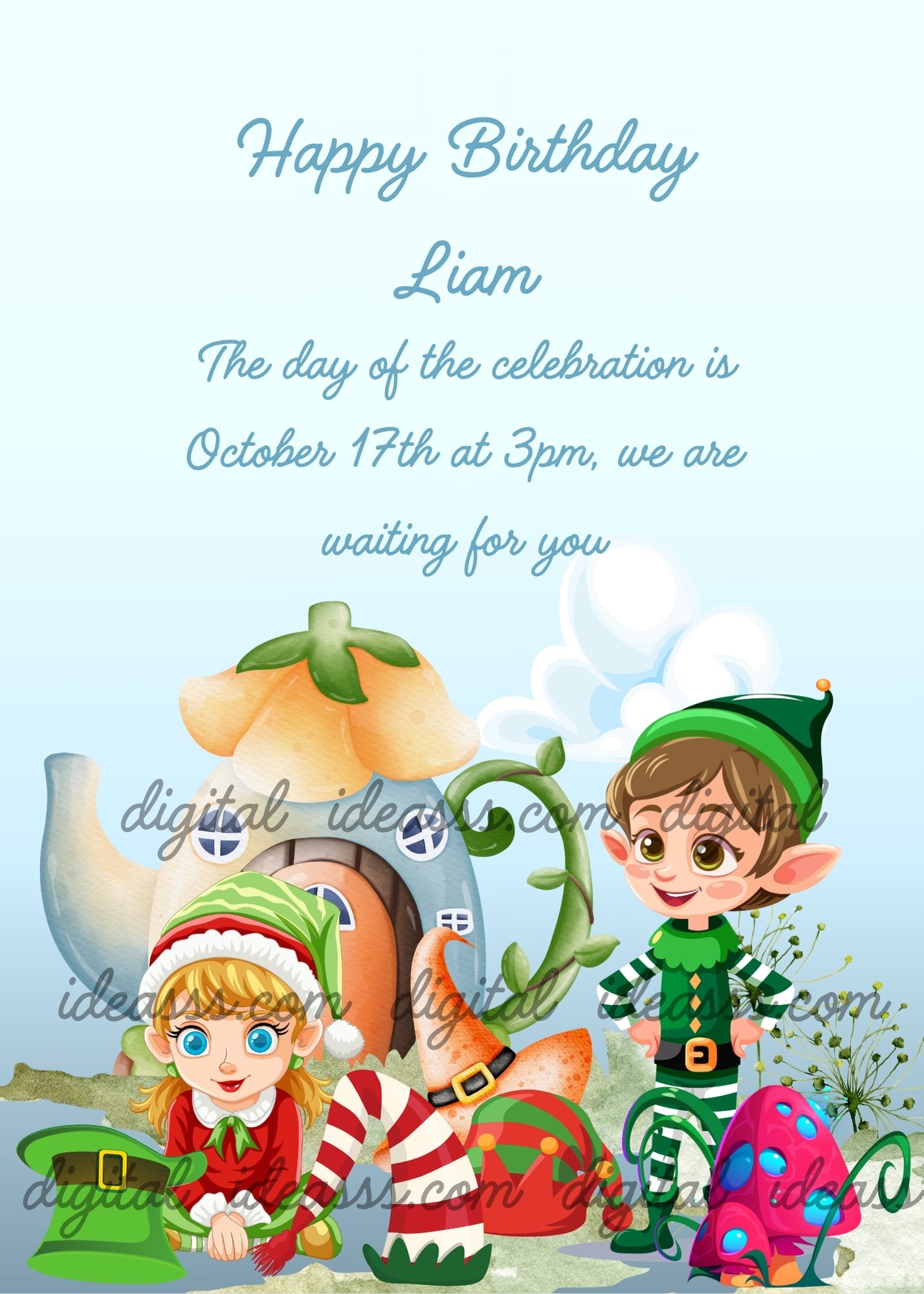 Two cute elves in front of a magical mushroom house with colorful toadstools on a soft blue background — printable birthday card for children ages 7 to 14