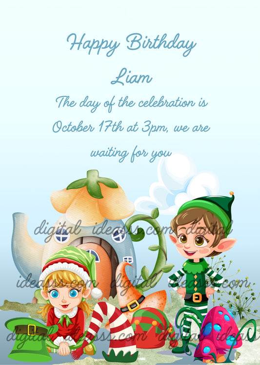Two cute elves in front of a magical mushroom house with colorful toadstools on a soft blue background — printable birthday card for children ages 7 to 14